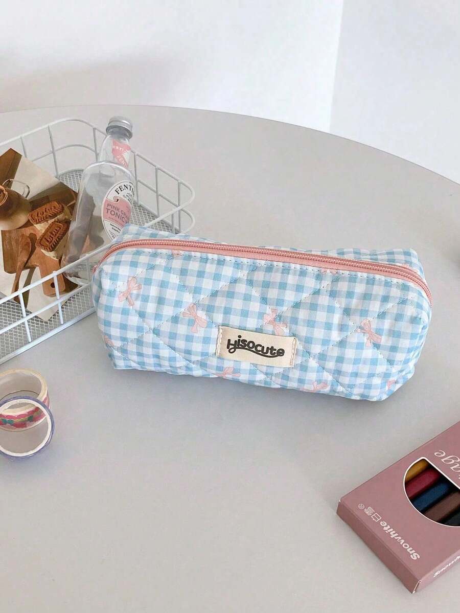 1pc Cute Bow Plaid Pencil Case, Fresh Korean Style Design, Back To School Student Stationery Storage Bag, School Bag Pencil Pouch - Blue - View 1