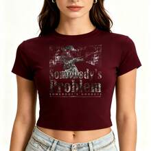 "Someone's Problem"Rodeo T Shirt - Y2K T Shirt |   Slim-Fit Women's Round-Neck Short-Sleeve Top |   Essentials For Women Cowboy And Rodeo Enthusiasts. - 酒紅色 - 查看 2