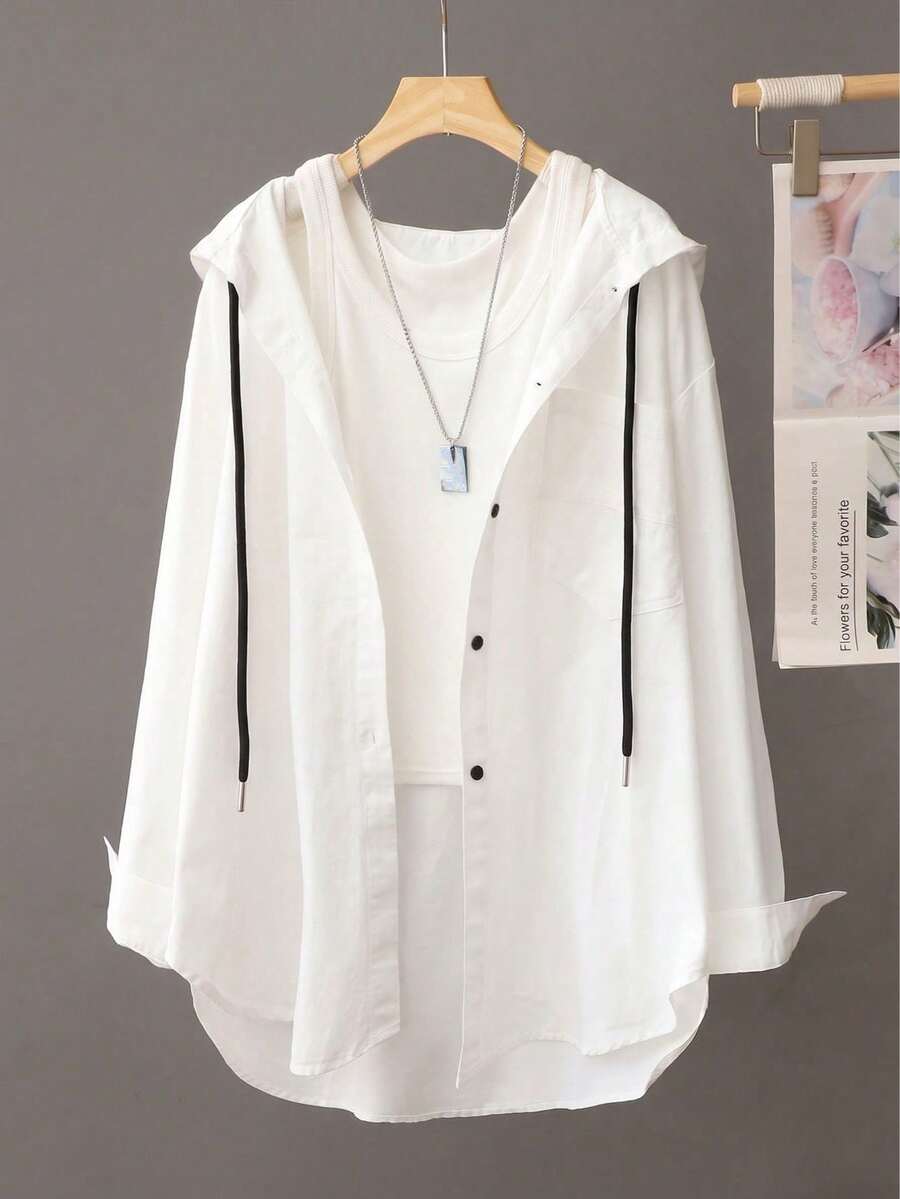 Plus Size Women's Hooded Button-Up Shirt, Drawstring Design, Long Sleeve Loose Casual Top, Elegant Street Style Jacket, Suitable For Spring/Autumn Daily Wear, Commuting And Street Style, Autumn/Winter Matching - White - View 1