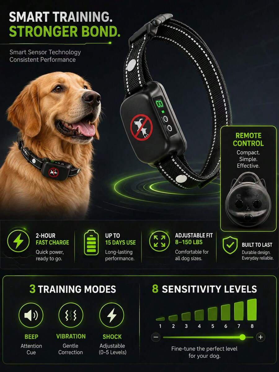 Dog Anti-Barking Collar, Rechargeable Smart Sensor Dog Bark Control Collar, Beep & Vibration Training Mode, Reflective Adjustable Strap, Type-C Charging, Long Battery Life - Black - View 1