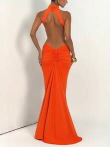 Elegante abito estivo lungo aderente con schiena scoperta, abito sexy senza maniche da donna per feste, discoteca, matrimonio, vacanza e autunno - Arancia Bruciata - Visualizzare 3