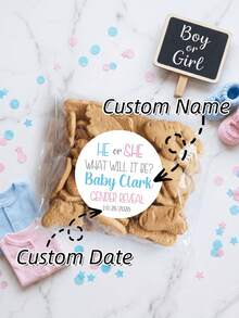 48pcs Customized Gender Reveal Stickers, Personalized "He Or She" Round Baby Shower Labels, Cute Pink & Blue Family Party Favor Candy, Back To School - Multicolor - View 1