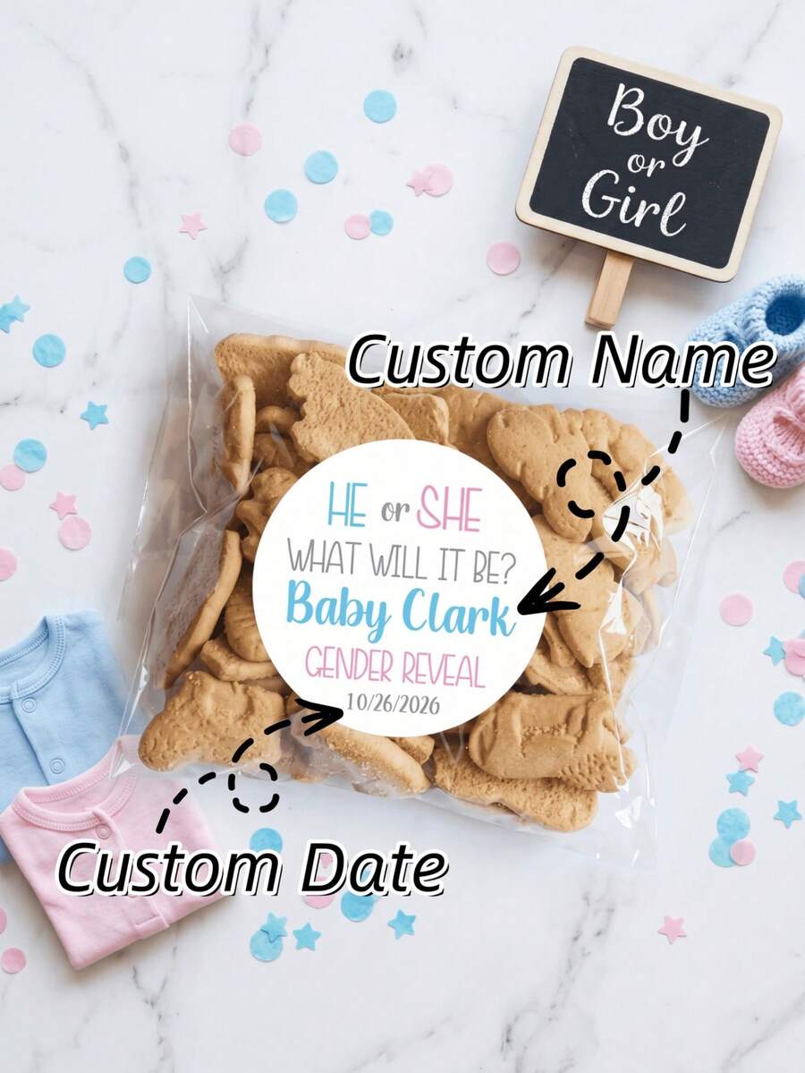 48pcs Customized Gender Reveal Stickers, Personalized "He Or She" Round Baby Shower Labels, Cute Pink & Blue Family Party Favor Candy, Back To School - Multicolor - View 1