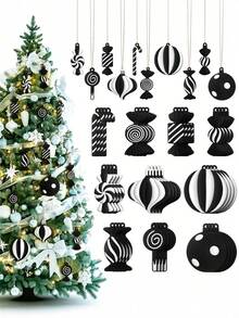 20/10Pcs Indoor Christmas Tree Decoration Set - Black & White Candy Cane Christmas Tree Ornaments, Cute Candy Decorations, Tree Topper, Home Office Holiday Party Vase Decor, Christmas Tree Hangings, Christmas Gifts, Christmas Room Decor - Christmas Black Ornament - View 1