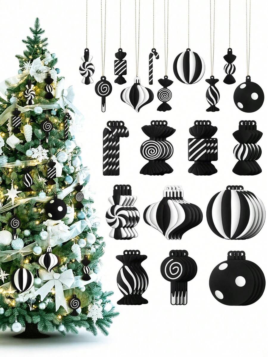20/10Pcs Indoor Christmas Tree Decoration Set - Black & White Candy Cane Christmas Tree Ornaments, Cute Candy Decorations, Tree Topper, Home Office Holiday Party Vase Decor, Christmas Tree Hangings, Christmas Gifts, Christmas Room Decor - Christmas Black Ornament - View 1
