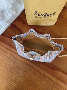 Mini New Fashion Straw Woven Gold Chain Drawstring Bucket Bag Beach Bag - Blue - View 7