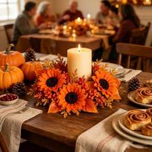 Halloween Candle Rings Wreaths Artificial Sunflower Home Table Centerpieces - Orange - View 4