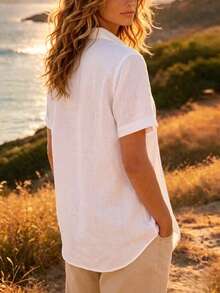 Plus Size Women's Short Sleeve Shirt Collar Woven Top, Regular Length Casual Summer Blouse, Bohemian Style Summer White - White - View 2