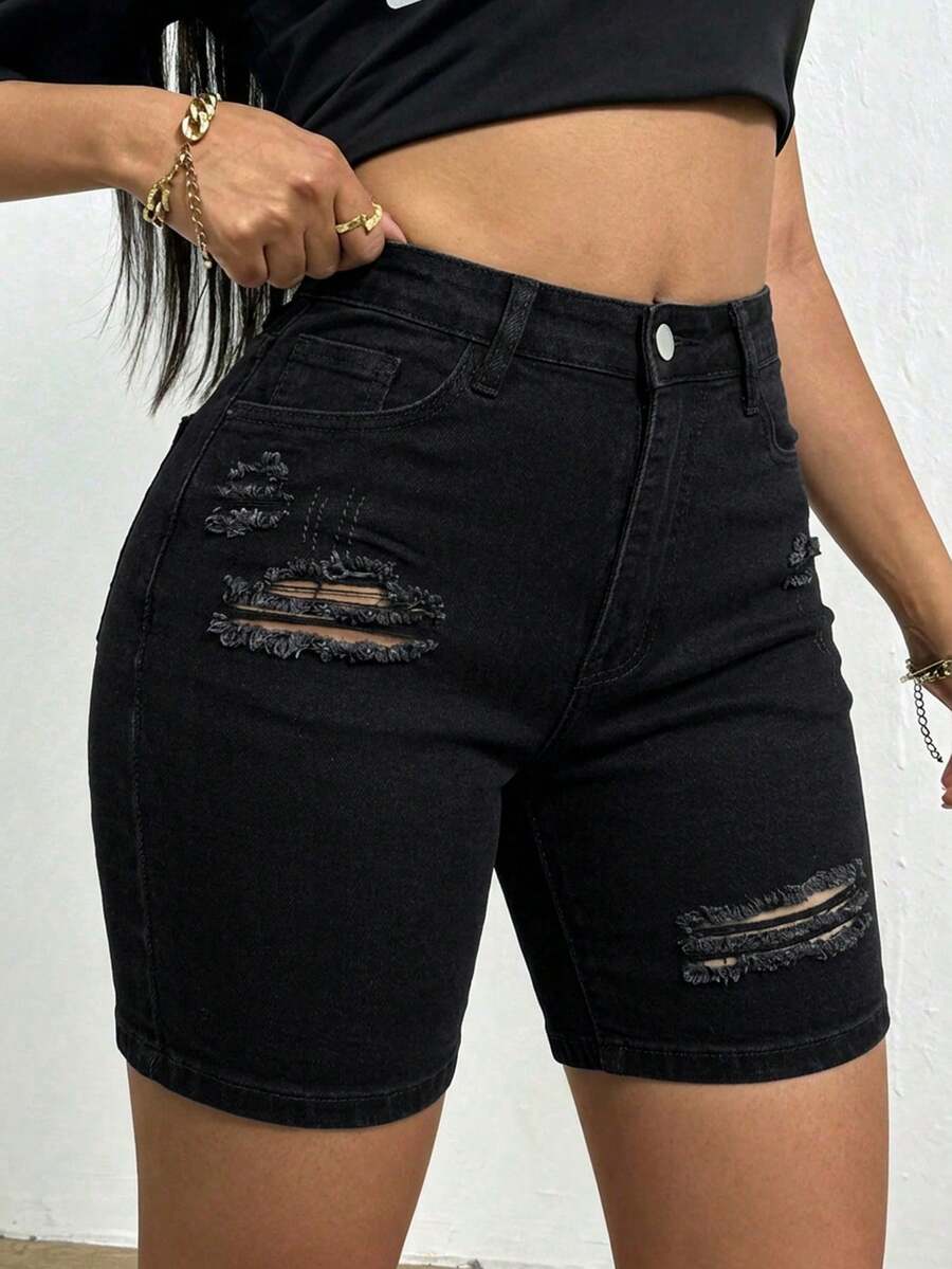 女款夏季休閒貓鬚裝飾彈性緊身牛仔短褲,修身版型,適合度假、海灘、演唱會、音樂節,牛仔女孩風,黑色 - 黑色 - 查看 1