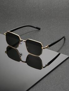 1pc Men's Luxury Gold Frame Square Metal Pure Black Lens, Decorative Ring Hinge, Suitable For Driving, Daily, Street, Travel, Outdoor Glasses - Multicolor - View 2