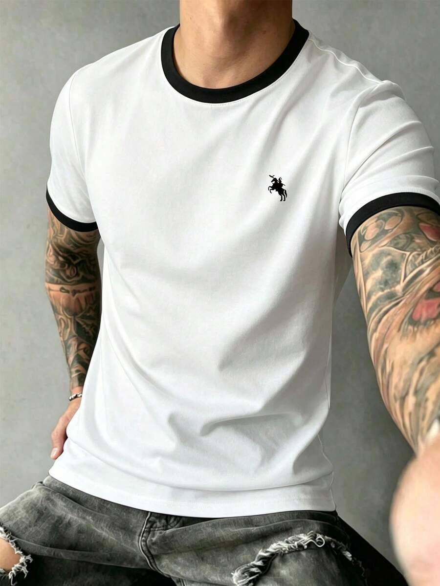 Men's Summer Versatile Contrast Color Fashion Minimalist Pony Print Short Sleeve T-Shirt - White - View 1