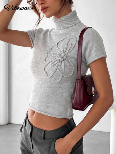 Top corto de punto de manga corta con cuello alto y bordado floral para mujer, estilo Y2K, casual de verano 2026
