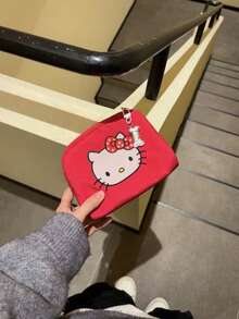 SANRIO 1 Piece Red Embroidered Hello Kitty Polka Dot Bow Decor Waterproof Nylon Large Capacity Zipper Closure Cute Cartoon Girl Style Cosmetic Bag, - Multicolor - View 4