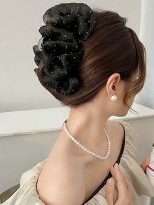 1pc Elegant Starry Rhinestone Chiffon Hair Claw Clip, Multi-Layer Ruffle Glitter Hair Clip For Women - Beige - View 7