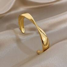 18k Gold Plated Stainless Steel, Curved Polished Gold Bangle, Women's Bracelet, Stainless Steel Jewelry, Designer Jewelry, High Quality Luxury Jewelry, Jewelry Set, Heavy Bangle, Gold Plated Jewelry, Suitable For Daily, Dating, Party, Vacation Season, Back To School Season, Summer Jewelry, Beach Jewelry, Women's Beach Accessories, Birthday Gift, Girlfriend Gift, Mother Gift, Bohemian Jewelry - Multicolor - View 15