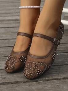 Bailarinas Mary Jane de malla color burdeos vintage, zapatos de ballet bordados con cuentas y hebilla ajustable, elegantes y transpirables para mujer, zapatos de vestir y casuales - Marrón - Ver 3