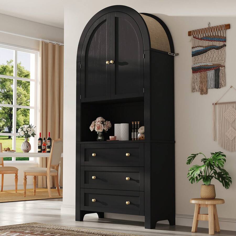 Tall Cabinet With Drawers And Doors, Free Standing Tall Arch Storage Unit For Kitchen And Living - 黑色 - 查看 1