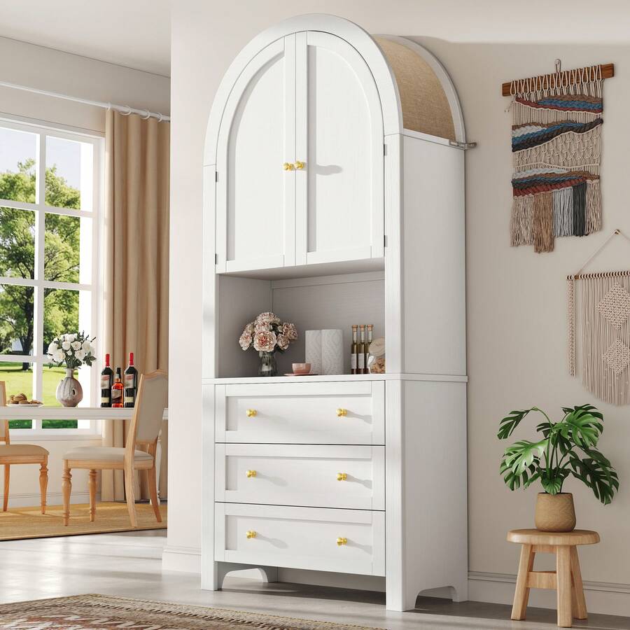 Tall Cabinet With Drawers And Doors, Free Standing Tall Arch Storage Unit For Kitchen And Living - 白色 - 查看 1