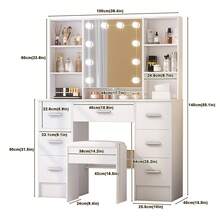 Dressing Table With Mirror And Drawers, Vanity Table, Makeup Desk, Stool With LED Lights, White - 白色 - 查看 8
