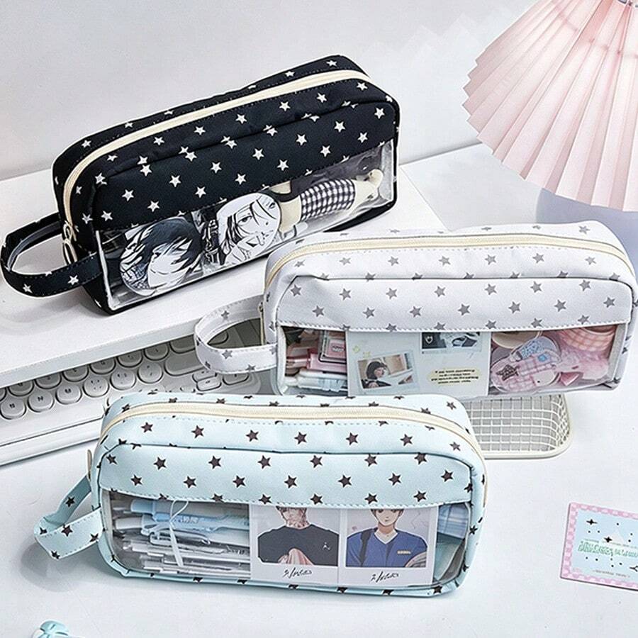 1-Piece Star-Patterned, Large-Capacity Pencil Case In INS-Style, Student-Friendly DIY Design. Made Of Washable Canvas, With Multiple Compartments For Storing Stationery. - Pencil Case - View 1