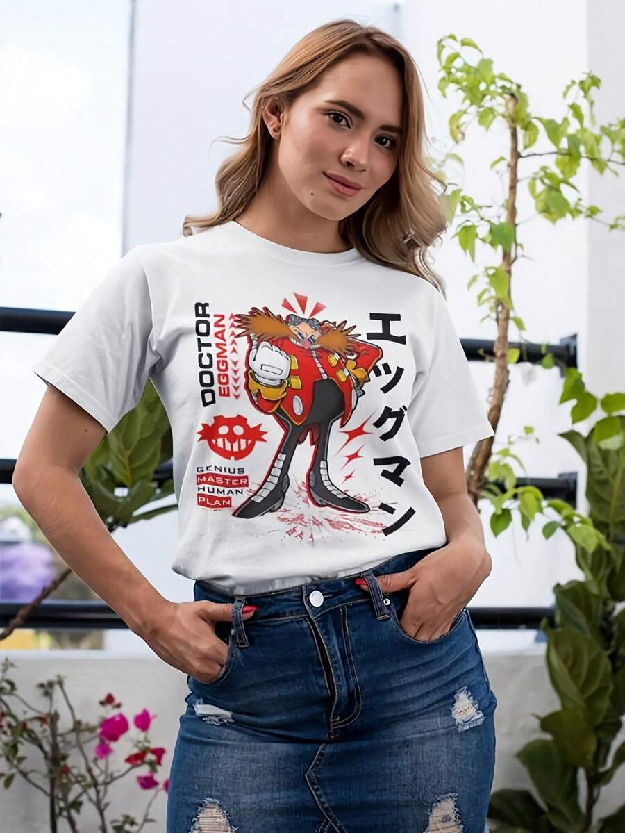 Camiseta unisex de manga corta holgada estilo Y2K 100% algodón, camiseta anime unisex de algodón Dr. Eggman - Blanco - Ver 1