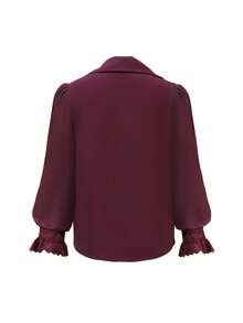 1pc Polyester Lace Patchwork Ruffle/Flounce Women's Blouse, Suitable For Daily Wear, Home, Holiday, All Seasons - Burgundy - View 3