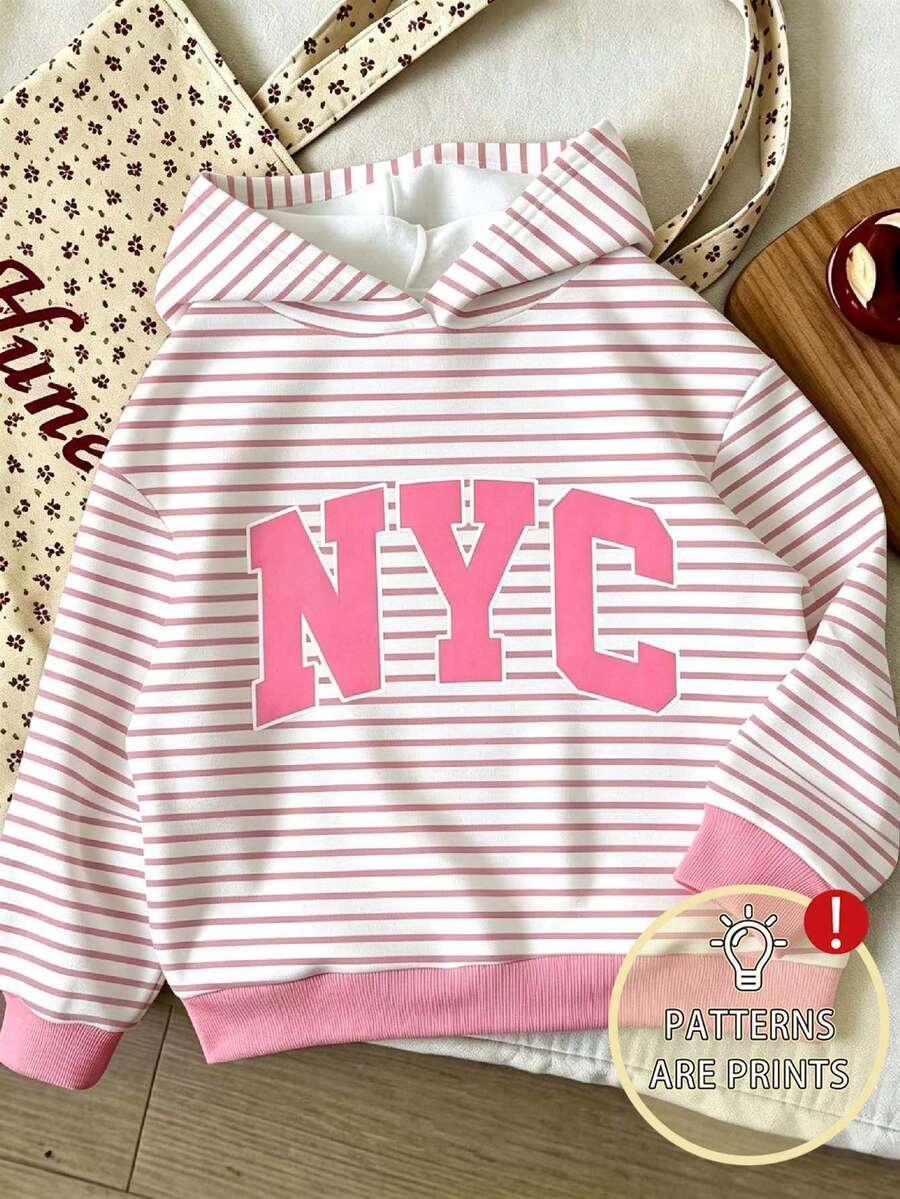 Young Girl Letter Pattern Warm Hooded Sweatshirt - Pink - View 1
