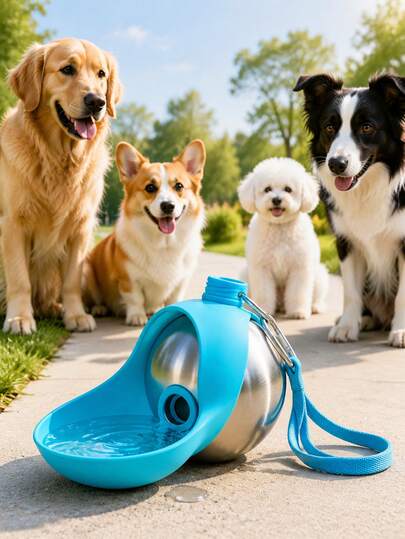 防漏 285ml 寵物水瓶附可折疊水碗，小型犬貓便攜旅行給水器，單手操作，適合戶外散步與徒步