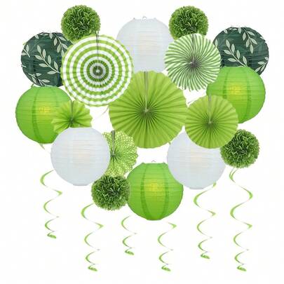 24pcs Green Series, St. Patrick's Day Paper Fan, Paper Lantern, Paper Flower Decorations,