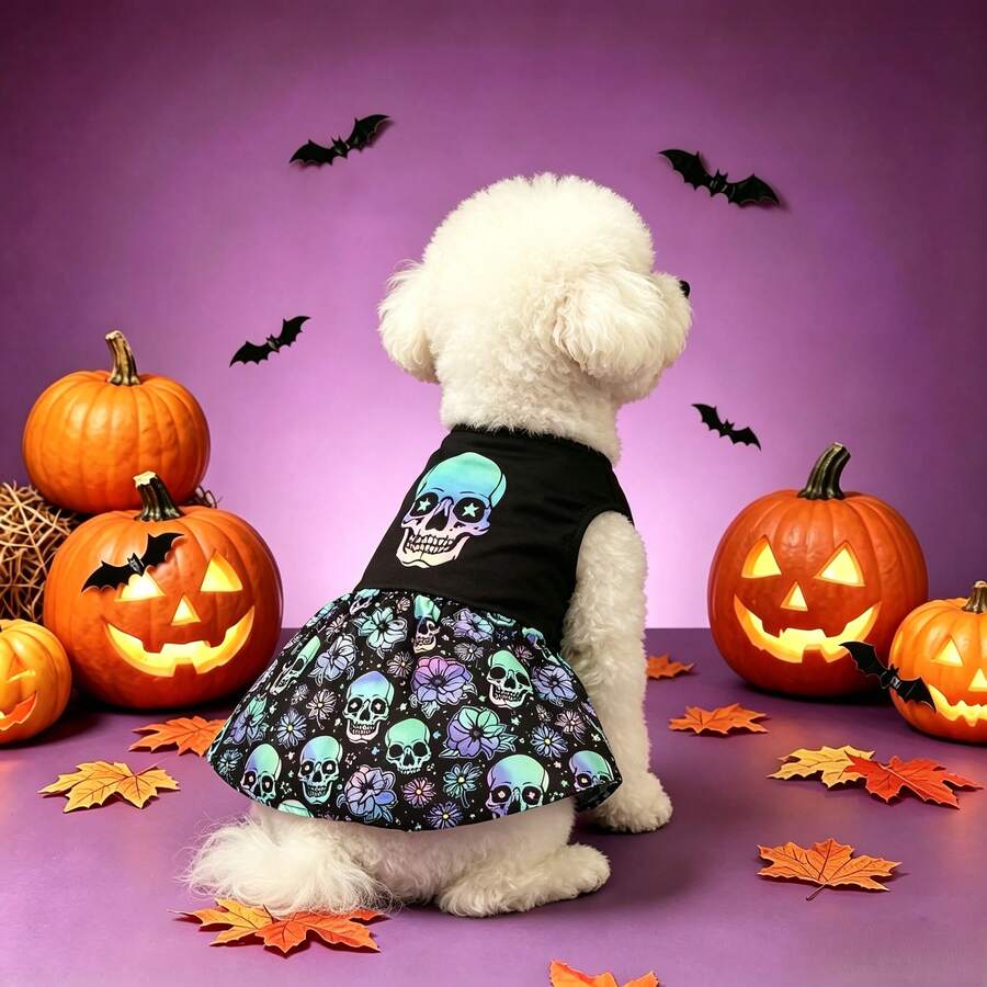 1pc Dog Dress, Halloween Skull Print Dress, Suitable For Small/Medium Dogs, Puppies, Cats, Perfect For Halloween Party, Halloween Costume, Halloween Perfect Gift - Purple - View 1