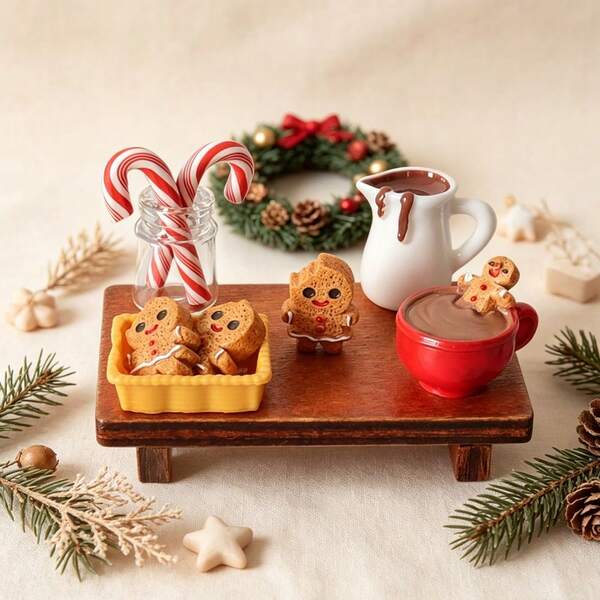 Christmas Gingerbread Man Hot Cocoa Miniature Set, Mini Cookie Candy Cane Resin Decor, 1:12 Dollhouse Christmas Decoration, Suitable For DIY Micro Landscape, Holiday Decor, Scene Props, Christmas Gift, Home Decor