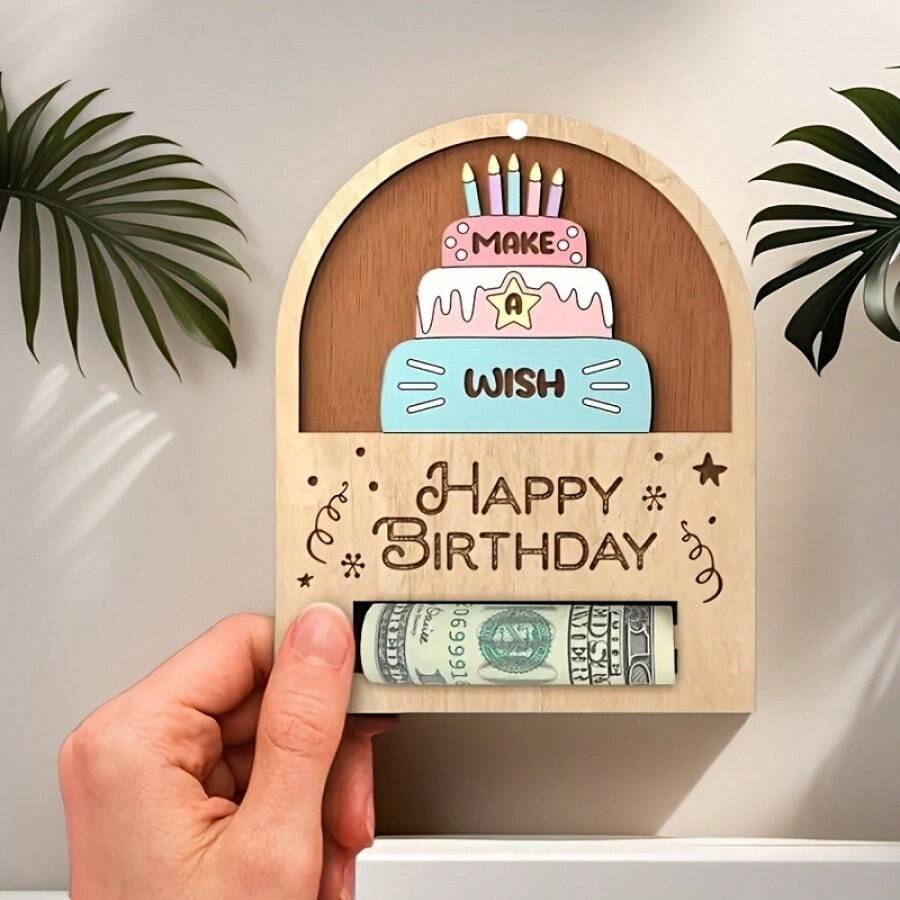 1pc 2D Wooden Birthday Greeting Card, Innovative Design With "Happy Birthday" Text And Birthday Cake Pattern, Perfect For Birthday Party Gift And Decoration, Also Suitable For Home Decor - Arched Birthday Card - View 1