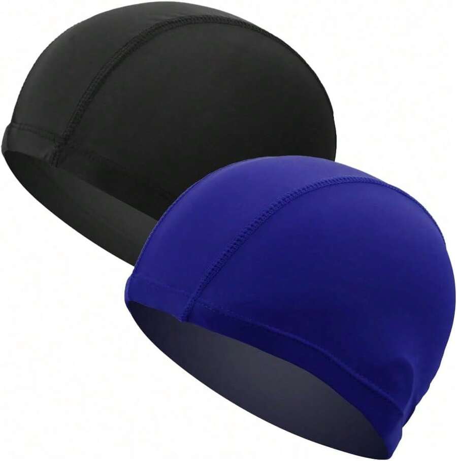 Set 2 cuffie nuoto unisex elastiche morbide nero e blu, taglia unica per capelli corti lunghi uomo donna bambino piscina surf - A - Visualizzare 1