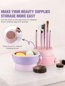 1/2pcs 2-In-1 Makeup Brush Cleaning Pad, Silicone Cleaning Bowl, Portable Foldable Makeup Brush Cleaning Bowl With Drying Rack, Suitable For Cleaning And Drying Makeup Brushes, Powder Puffs And Sponges - Multicolor - View 5