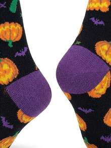 1 Pair Of Men Crew Sock, Halloween Pumpkin Jack‑O‑Lantern Pattern Socks, Soft Warm, Fall Winter,Halloween Christmas Gift For Men For Women - Multicolor - View 5
