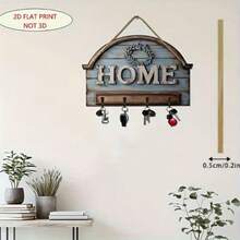 2D Flat Print, Wooden "Home" Key Rack, Easy Installation, With 4 Metal Hooks, Wooden Key Rack, Decorative Wall Hooks, For Entryway And Hallway, Wall-Mounted - Multicolor - View 2