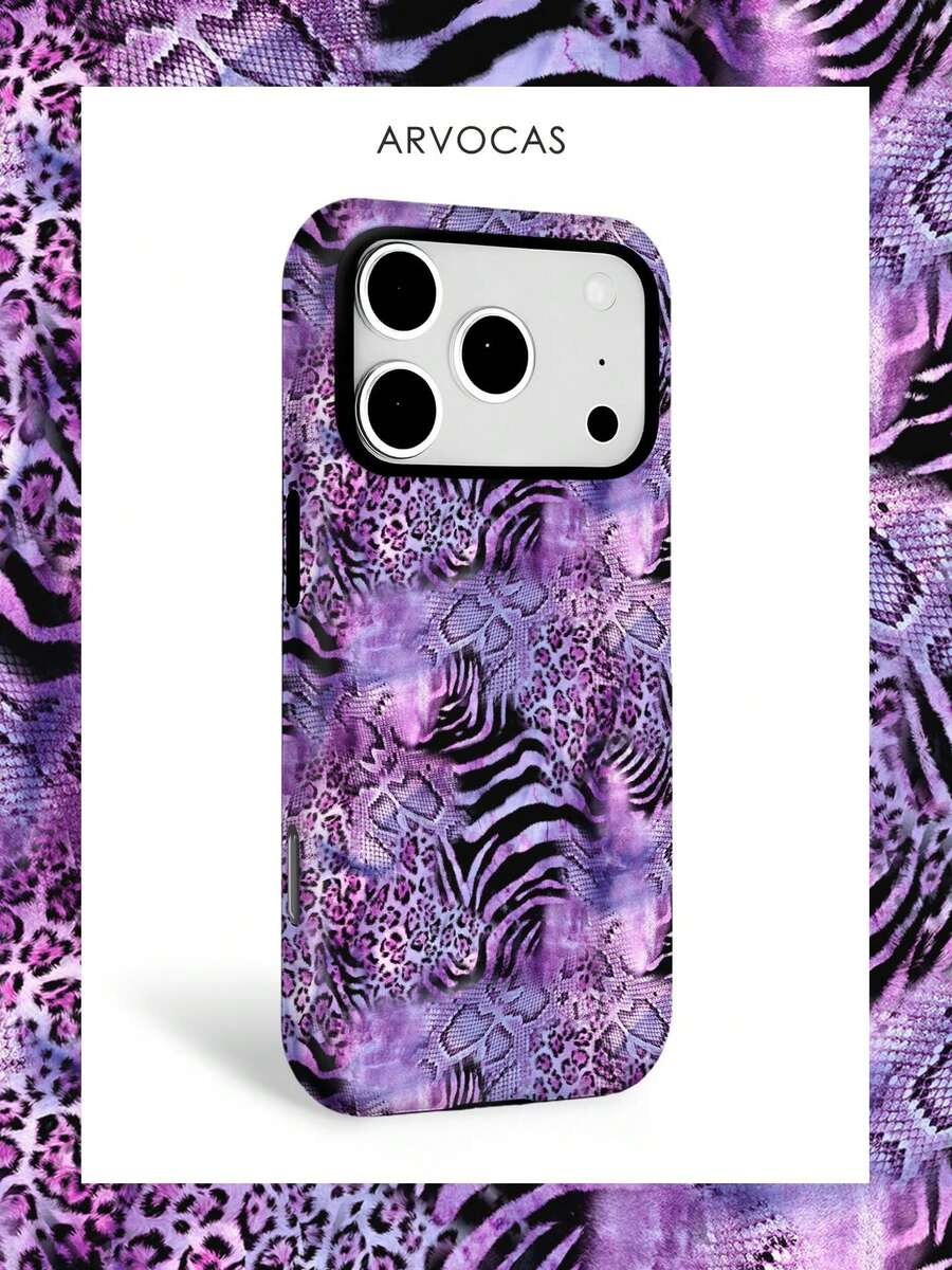 Purple Leopard Zebra Snake Pattern 2-In-1 Hard Shell + TPU Soft Shell Matching Phone Case, Protective Phone Case, Perfect Gift Phone Case, Compatible With IPhone 11 12 13 14 15 16 16e 17 Pro ProMax Air, Galaxy S23 S24 S25 - Matte Non-magnetic - View 1