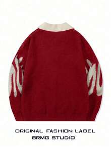 Spring/Autumn New Men's College Style Sporty Patchwork Turn-Down Collar Loose Unisex POLO Neck Pullover Sweater - Red - View 3