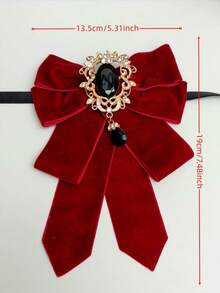 1pc Vintage Court Style Burgundy Velvet Double Layer Bow Tie With Gold Hollow Flower Frame Black Gemstone Teardrop Pendant Adjustable Neck Cord, Wedding Dress JK Shirt Christmas Atmosphere Neck Accessory For Halloween Cosplay Party, Event, Photo Shoot - Red - View 3