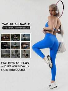 Women's Summer Two Pieces Blue Top And High Waisted Leggings Suit For Exercise Yoga Pilates Gym Run Wear Sports - Royal Blue - View 7