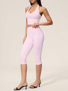 TimeOff Setelan Olahraga Wanita Satu Set Warna Polos, Atasan Tank Top Halter V-Neck Pendek & Celana Panjang Sedang Pinggang Tinggi - Berwarna merah muda - View 9