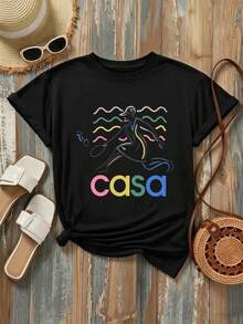 Women's Casual Colorful Graphic T-Shirt, Breathable, Graphic Design - Black - View 2