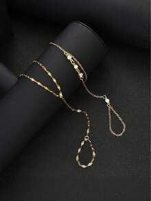 2pcs/Set Gold Cubic Zirconia Chain Finger Bracelet Set, Fashion Ring Bracelet Jewelry, Suitable As Gift, Party, Wedding - Gold 2 - View 3