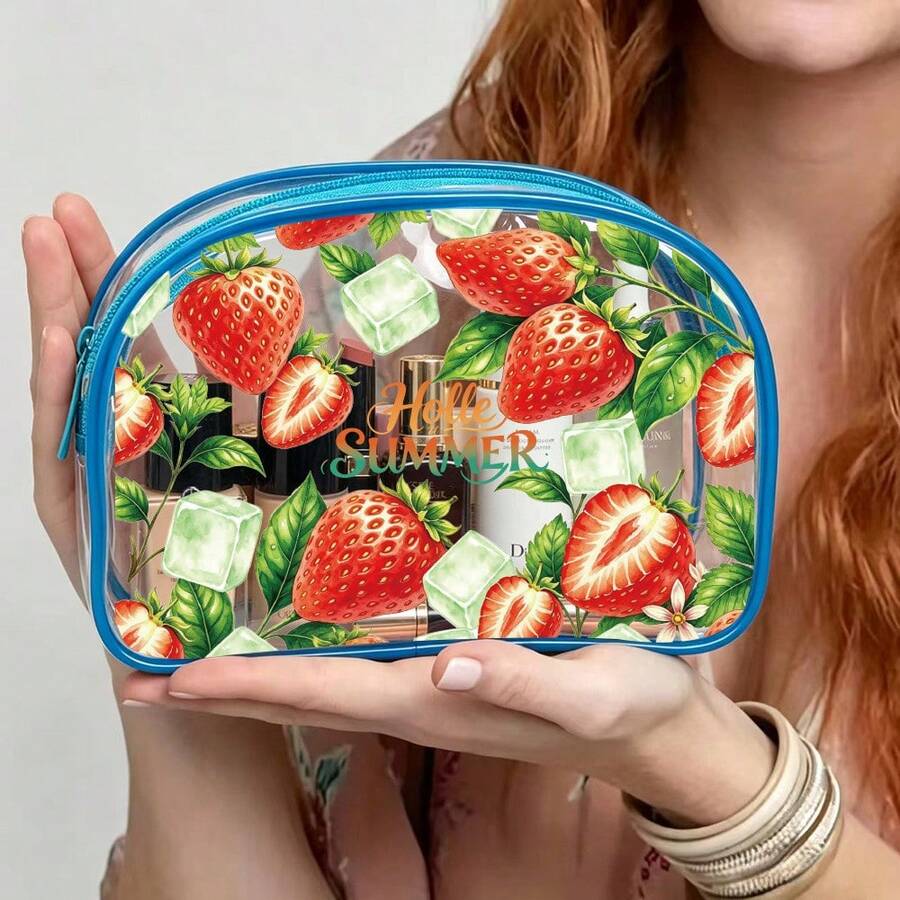 Strawberry Print Transparent PVC Travel Toiletry Bag, Waterproof Zipper Cosmetic Organizer, Summer Clear Makeup Pouch, Portable Travel Essentials - Multicolor - View 1