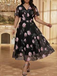 Fleurora Plus Size Women's Dress,Floral V-Neck Flared Sleeve Vintage Wedding Guest Vacation Elegant Summer - Multicolor - View 4