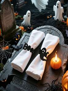 12pcs/6pcs/1pc Halloween Napkin Rings - Halloween Novelty Theme, Black Skeleton Hand, Ghost, Spider, Haunted House, Butterfly Creative Design Napkin Rings, Suitable For Halloween Party Table Decor - Easy To Clean Metal Texture, Halloween Decoration, Theme Event Accessories, Spooky Table Decor, Durable Napkin Holder - Multicolor - View 4