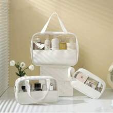 3Pcs PVC Travel Cosmetic Bag Set, Large Capacity Portable Toiletry & Makeup Brush Storage Pouch, Vacation Travel Essential Organizer Case, Storage Bag For Storage Room Storage & Beauty Supplies Neat Organization - White - View 5