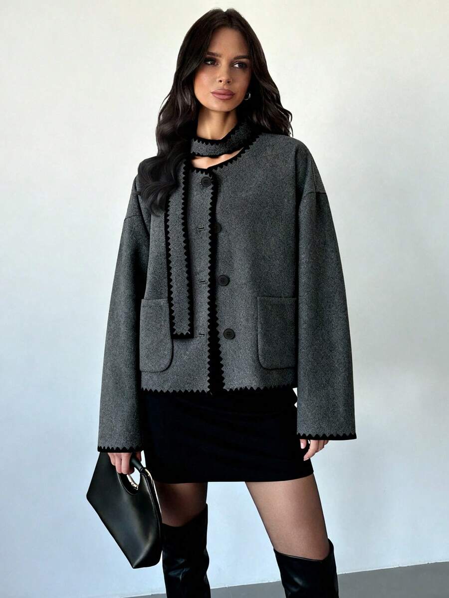 Women's Grey Short Polyester Jacket, Contrast Embroidery Trim, Open Front, Scarf Collar, Pockets And Long Sleeves, Perfect For Autumn/Winter - Dark Grey - View 1