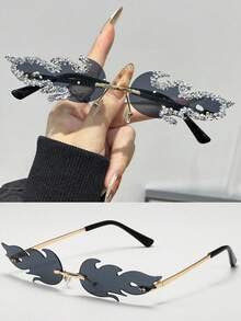 1/2/3pcs Women's Flame Shaped Rhinestone Red Rimless Glasses, European And American Style Exaggerated Personalized Fashion Glasses, Zinc Alloy Temple, Suitable For Party / Music Festival / Street Photography / Theme Event / Stage Performance Niche Eye-Catching Accessory - Multicolor - View 20