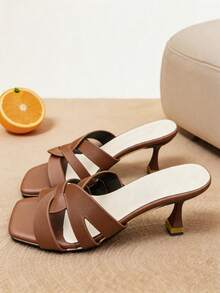 A Pair Of Women Heeled Sandals Cross Strap Square Toe Block Heel PU Minimalist White Casual Work Style - Brown - View 6
